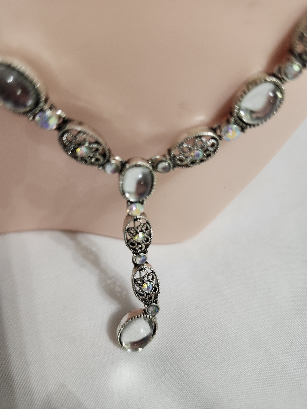 Avon Silver-Tone Ornate Filigree Drop Necklace with Clear Stones - Picture 5 of 6